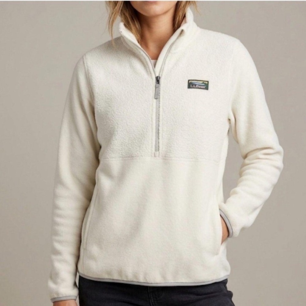 LL Bean Mountain Classic 1/4 Zip Fleece Pullover Womens XL Cream White Jacket